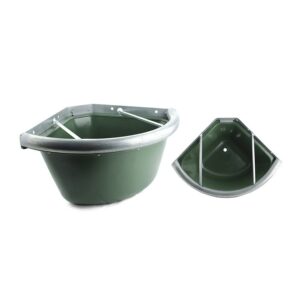 Mangiatoia angolare in plastica con bordo in ferro, grate anti-spreco e tappo sul fondo per pulizia